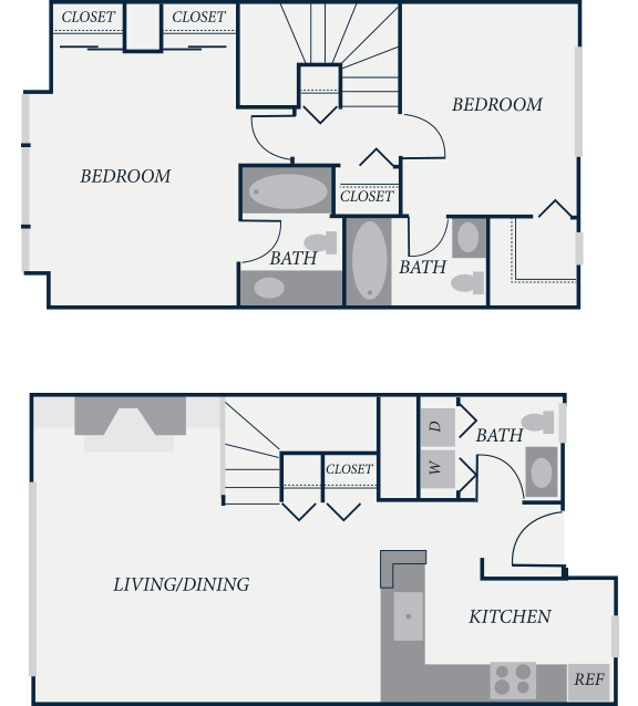 Floor plan for 2 beds, 2.5 baths, 1106 sqft